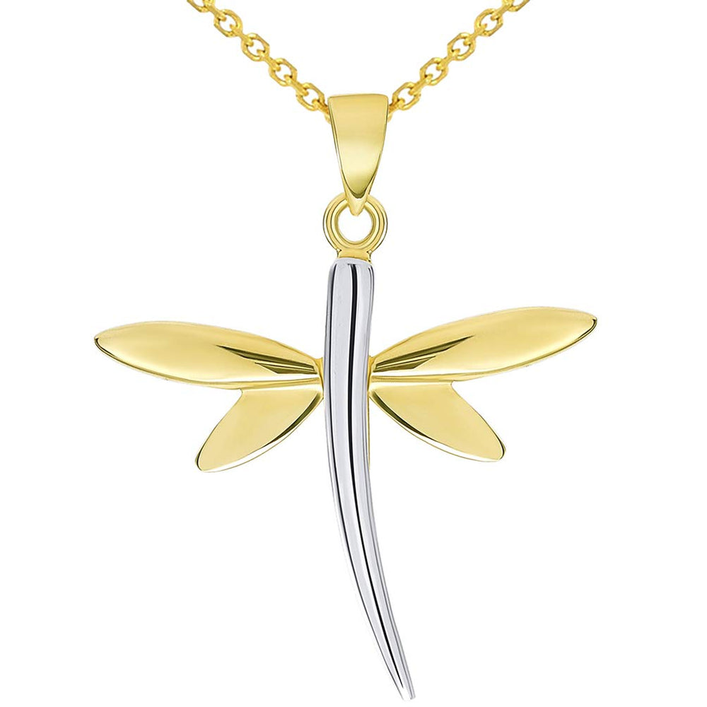 14k Yellow Gold High Polished Two-Tone Dragonfly Pendant with Cable Chain Necklace, 16"