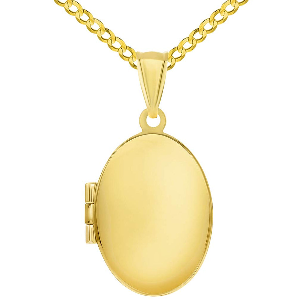 14k Yellow Gold Plain and Simple Oval Locket Pendant with Curb Chain Necklace