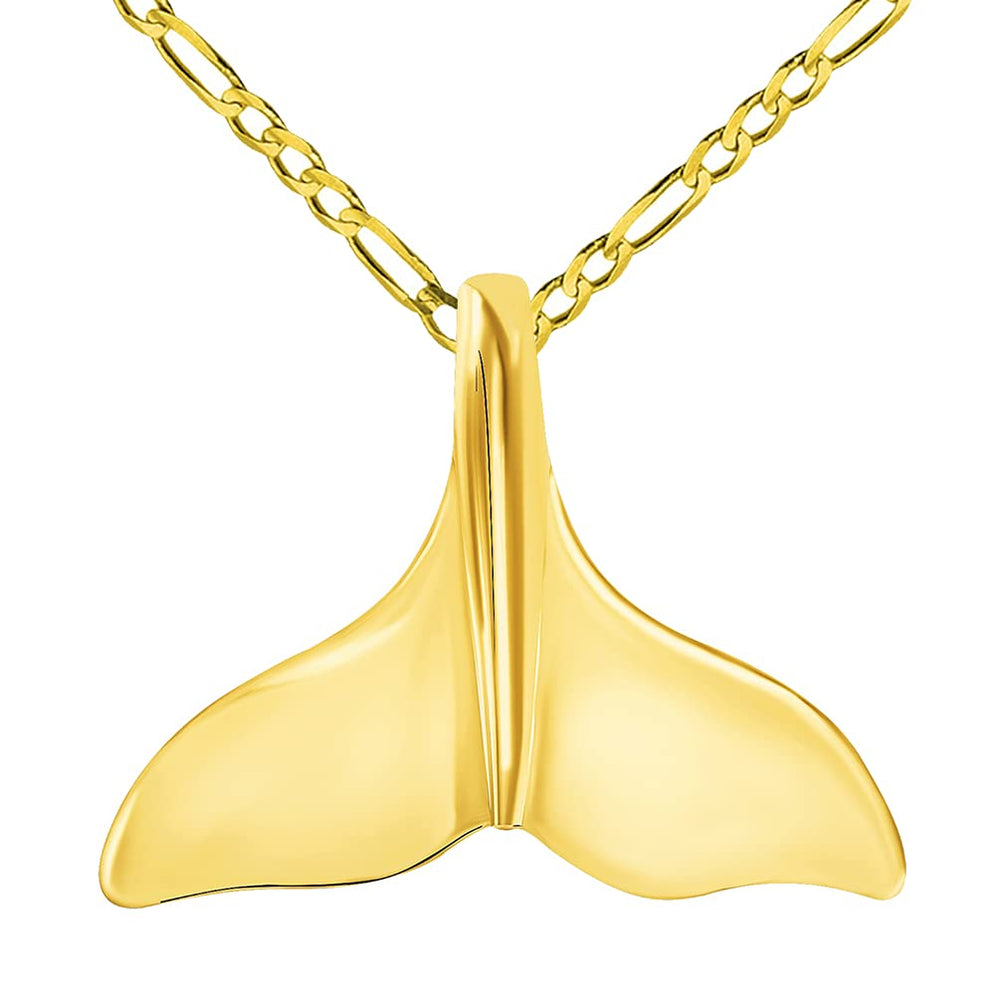 Solid 14k Yellow Gold Classic Dolphin Tail Fin Pendant with Figaro Chain Necklace