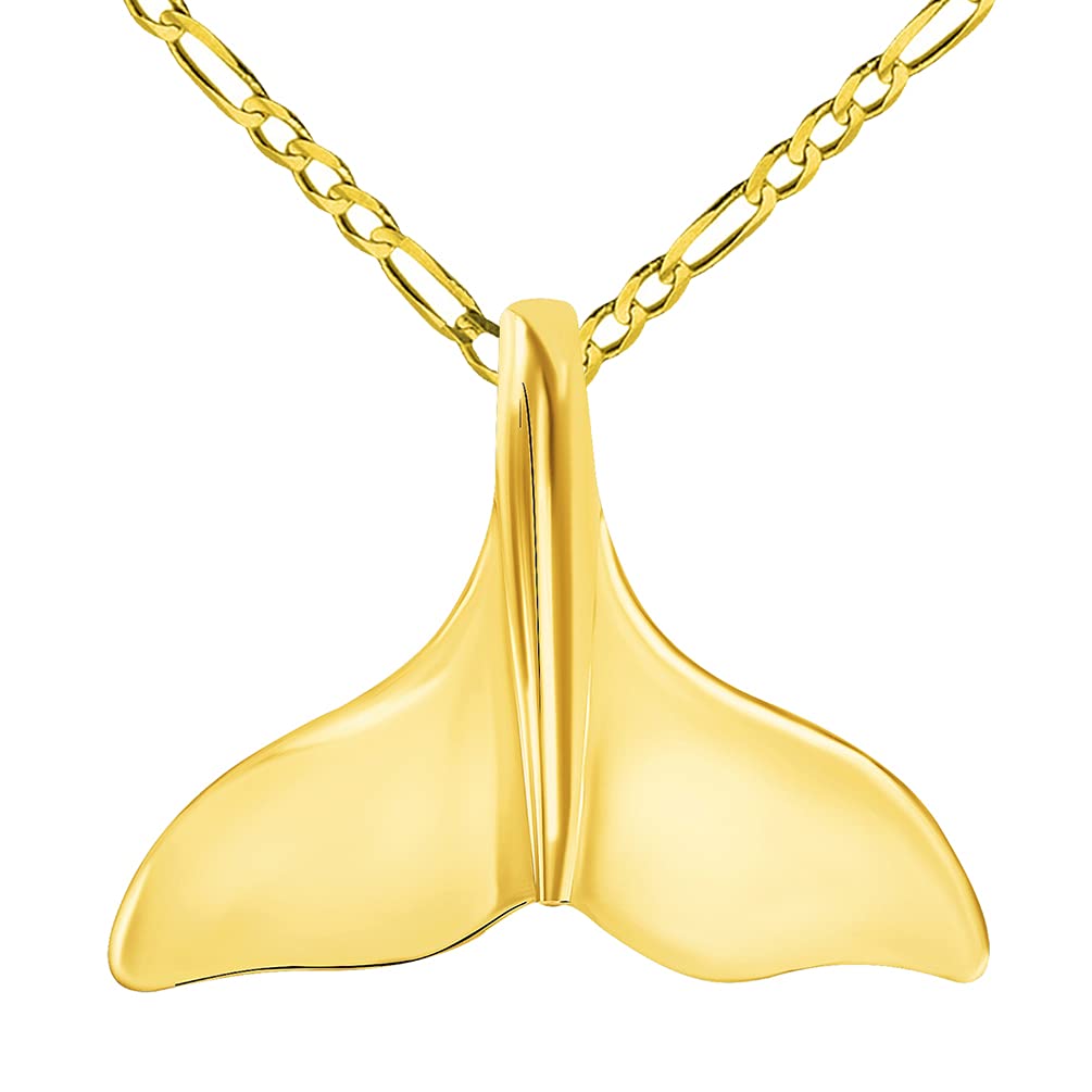 Solid 14k Yellow Gold Classic Dolphin Tail Fin Pendant with Figaro Chain Necklace