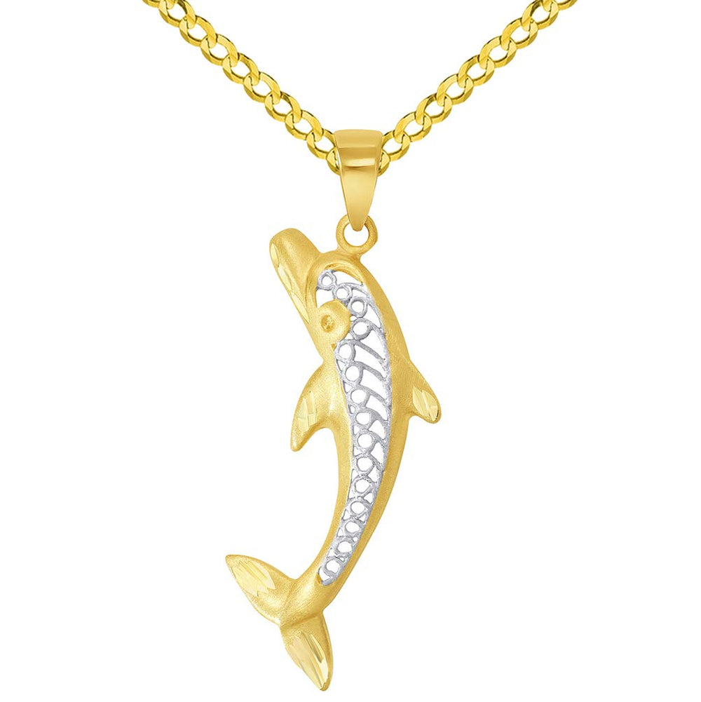 14k Yellow Gold Filigree Dolphin Jumping Up Pendant with Cuban Curb Chain Necklace