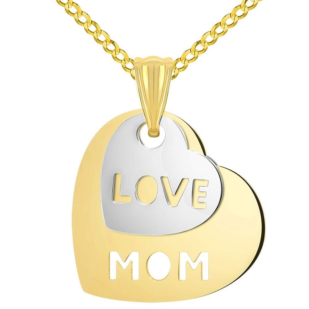 14k Yellow Gold and White Gold Double Heart with Cut-Out Love Mom Pendant Curb Chain Necklace