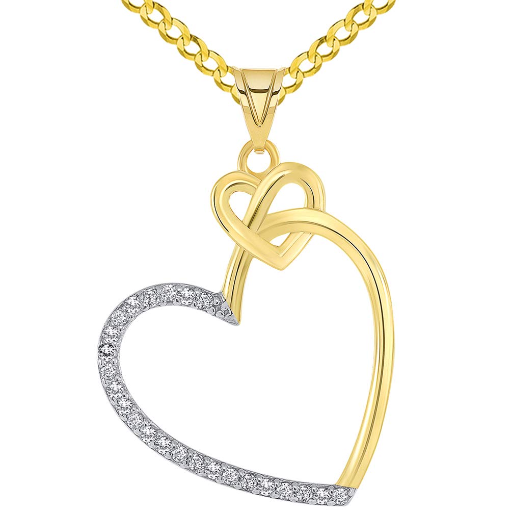 14k Yellow Gold Cubic Zirconia Fancy and Elegant Interlocking Double Heart Pendant with Curb Chain Necklace