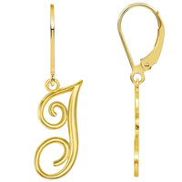 Load image into Gallery viewer, Solid 14k Yellow Gold Elegant Script Letter Cursive Initial Dangle Drop Earrings with Leverback - A to Z
