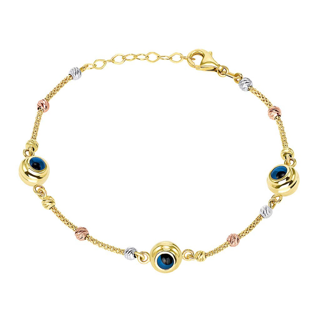 14k Tri-Color Gold Beaded Blue Evil Eye Mesh Chain Bracelet, 7.5"