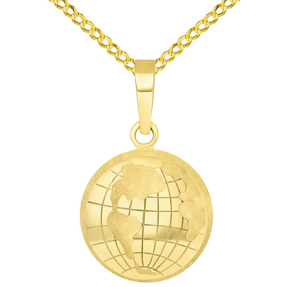 14k Yellow Gold Longitude and Latitude World Map Pendant with Curb Chain Necklace