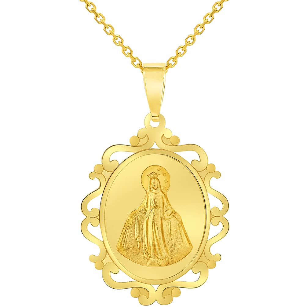 14k Yellow Gold Elegant Ornate Miraculous Medal of Virgin Mary Pendant Necklace