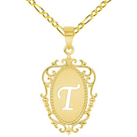 Load image into Gallery viewer, 14k Yellow Gold Elegant Filigree Oval Uppercase Initial T Script Letter Plate Pendant with Figaro Chain Necklace
