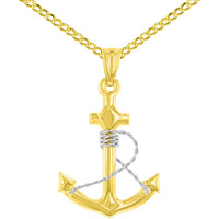 Load image into Gallery viewer, 14k Two-Tone Gold Polished 3D Anchor with Rope Pendant with Cuban Curb Chain Necklace
