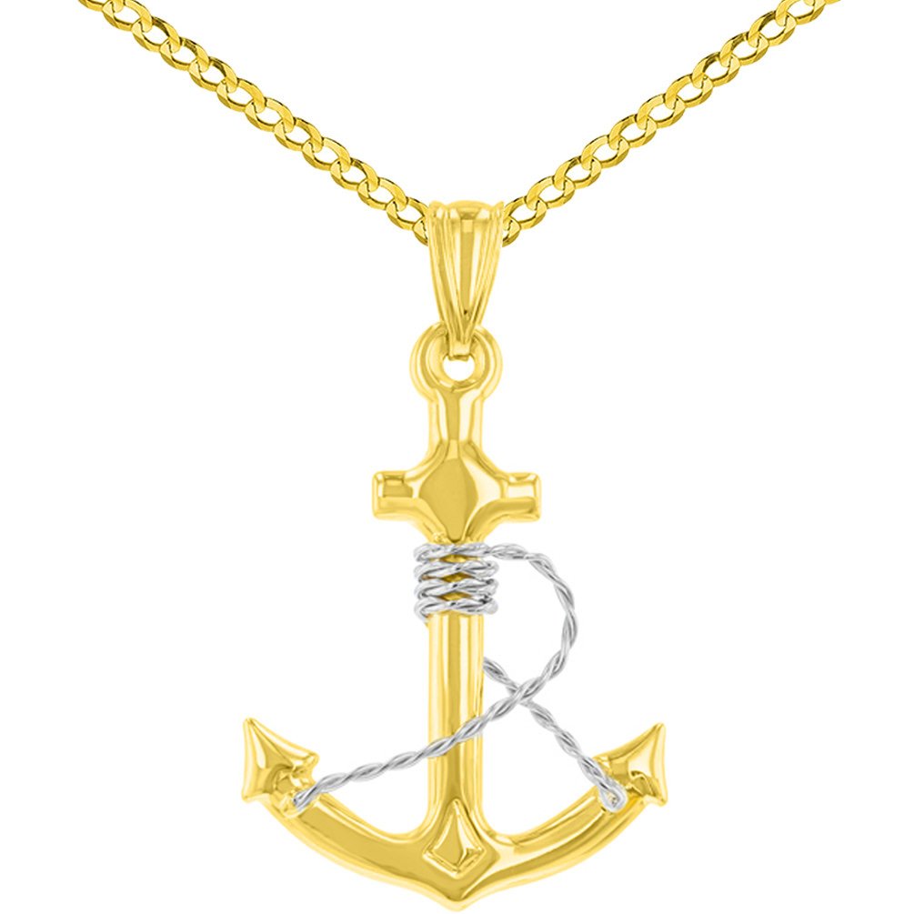 14k Two-Tone Gold Polished 3D Anchor with Rope Pendant with Cuban Curb Chain Necklace