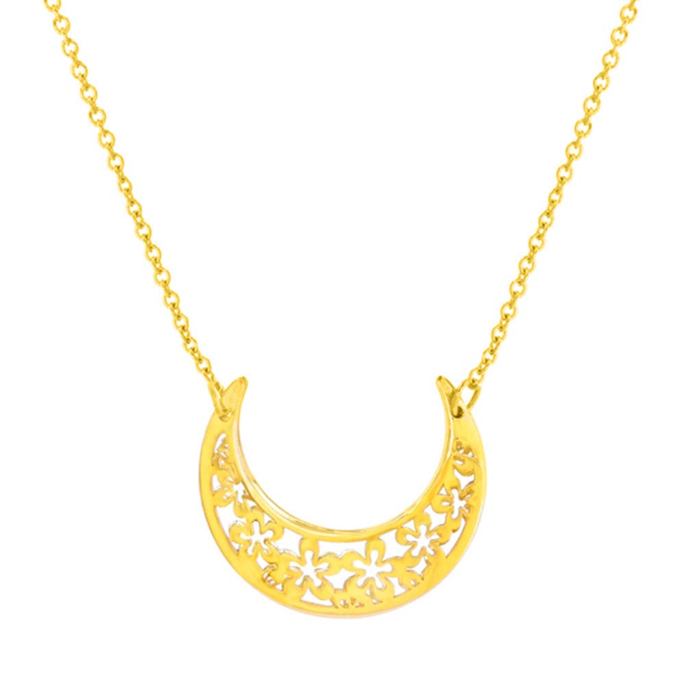 14K Gold Sideways Floral Crescent Moon Necklace - Yellow Gold