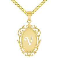 Load image into Gallery viewer, 14k Yellow Gold Elegant Filigree Oval Uppercase Initial V Script Letter Plate Pendant with Curb Chain Necklace
