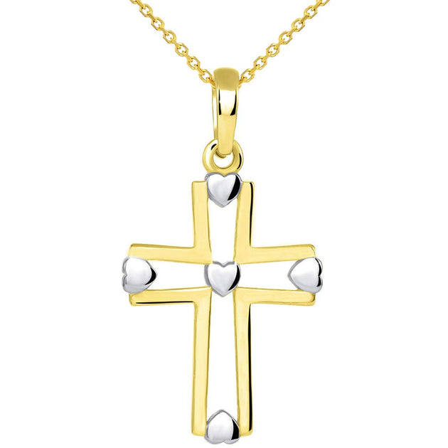 Solid 14k Gold Two Tone Christian Cross Heart Pendant Necklace Chain