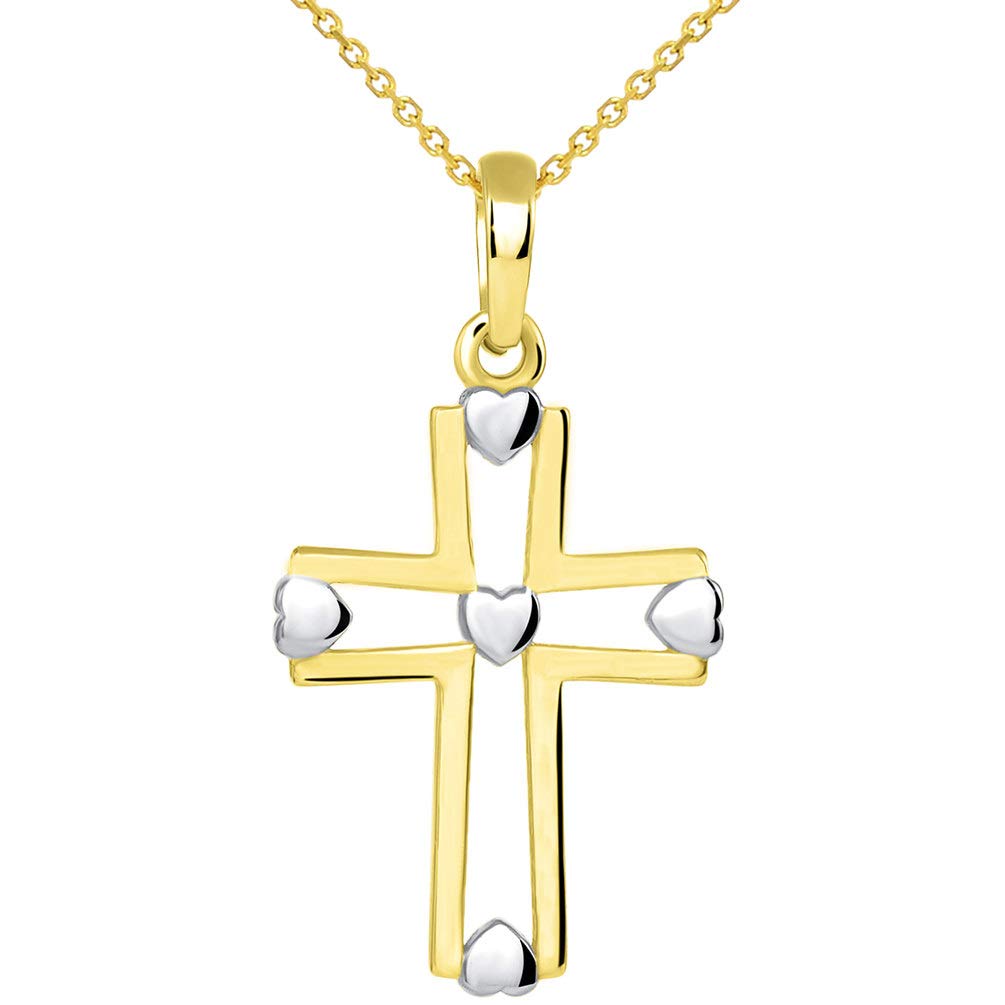14k Yellow Gold Two Tone Open Christian Cross Heart Pendant Necklace