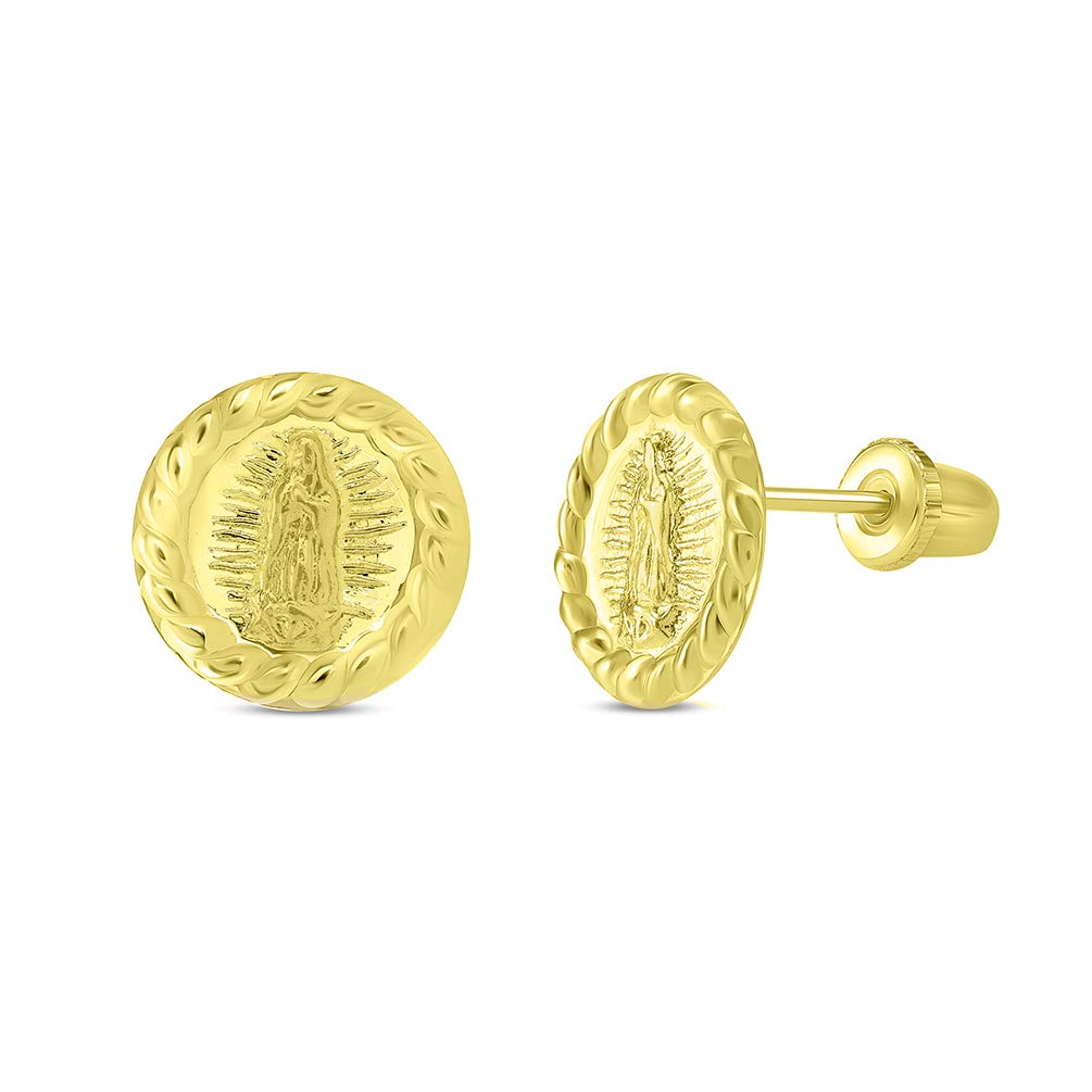 14k Yellow Gold Our Lady Of Guadalupe Stud Earrings in Round Rope Design with Screw Back