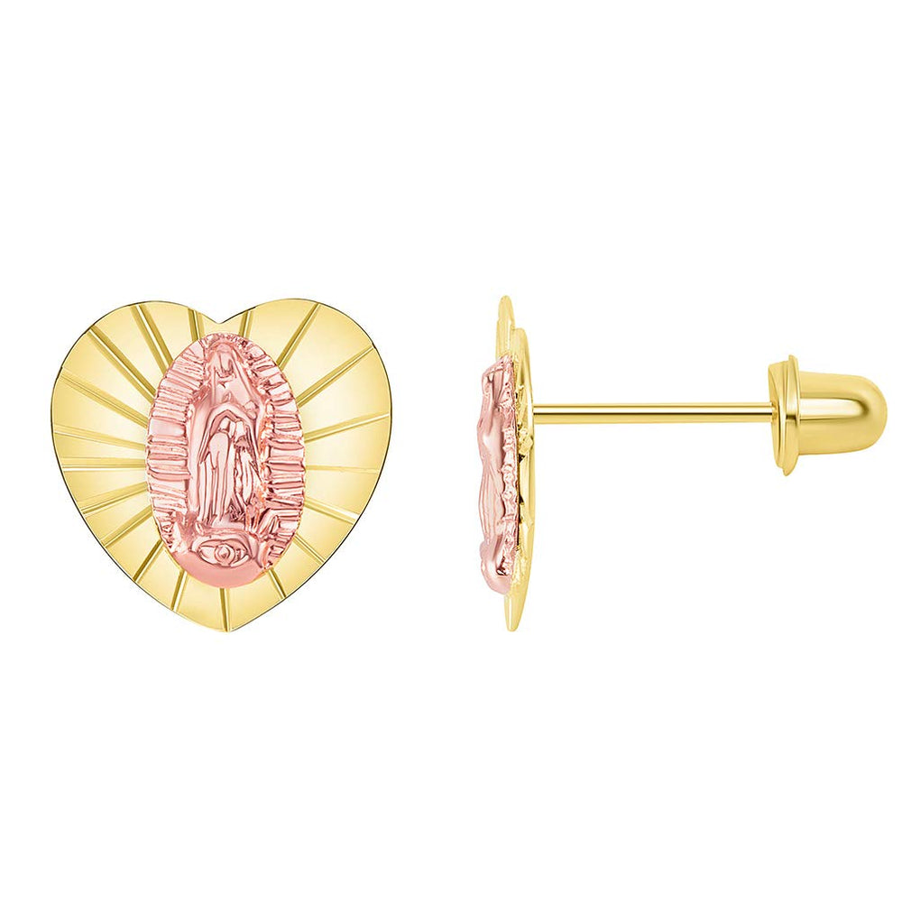 14k Yellow and Rose Gold Textured Heart Our Lady Of Guadalupe Stud Earrings with Screw Back