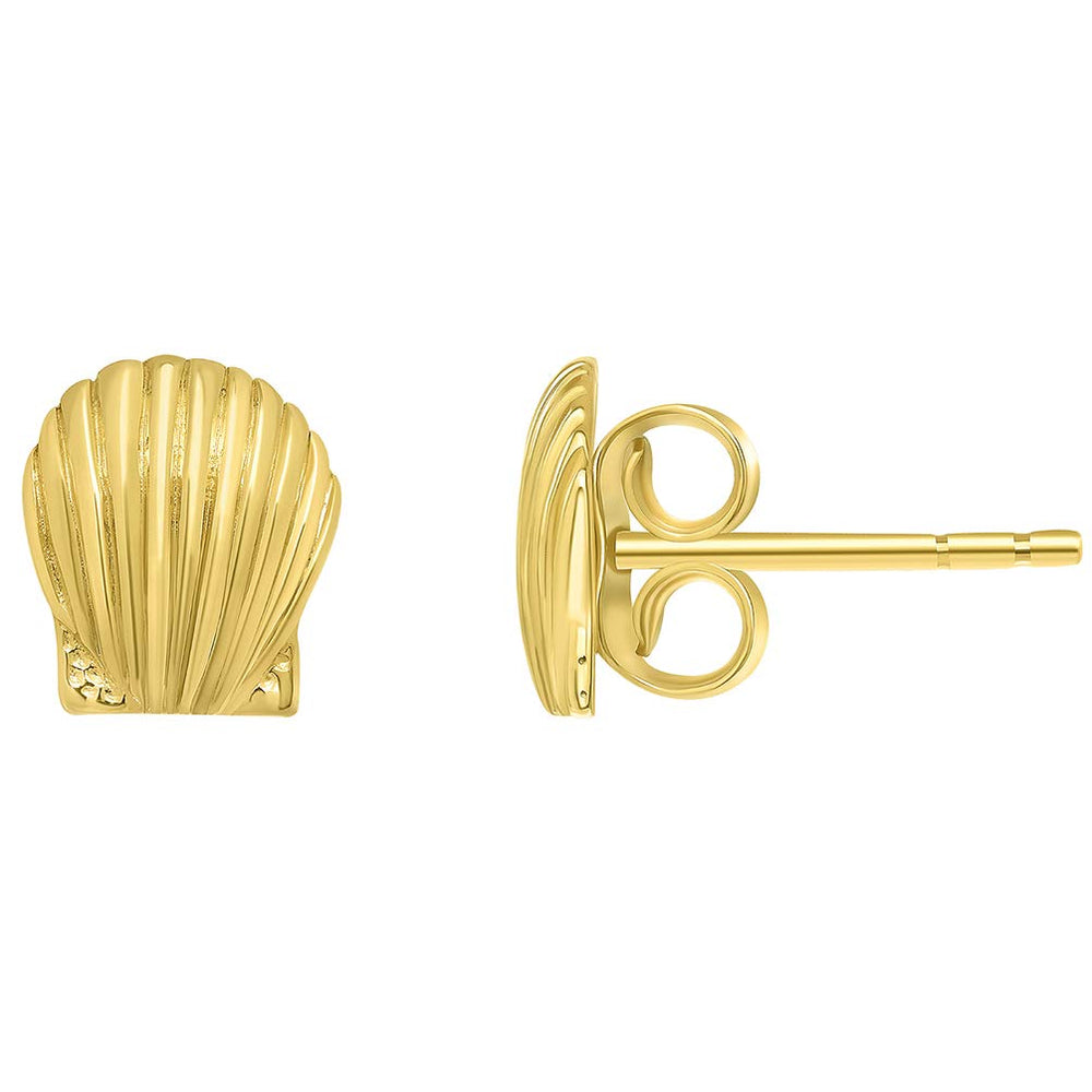 Solid 14k Yellow Gold Scallop Shell Stud Seashell Earrings with Friction Back