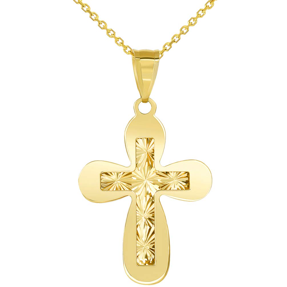 14k Yellow Gold Plain and Textured Double Layer Rounded Edge Cross Pendant Necklace