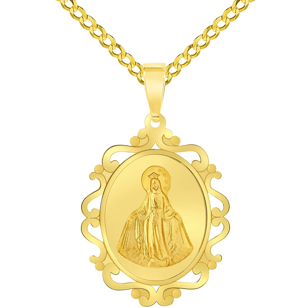 14k Yellow Gold Elegant Ornate Miraculous Medal of Virgin Mary Pendant with Cuban Chain Curb Necklace