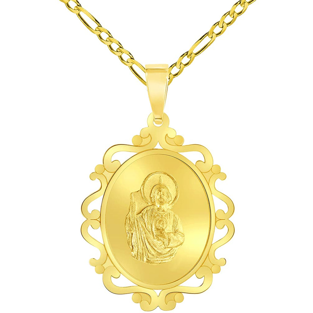 14k Yellow Gold Elegant Ornate Miraculous Medal of Saint Jude Thaddeus the Apostle Pendant with Figaro Chain Necklace
