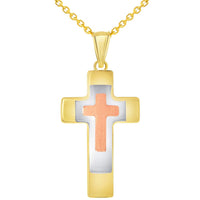 Load image into Gallery viewer, 14k Yellow Gold High Polished Tri-Tone Religious Cross Pendant Necklace

