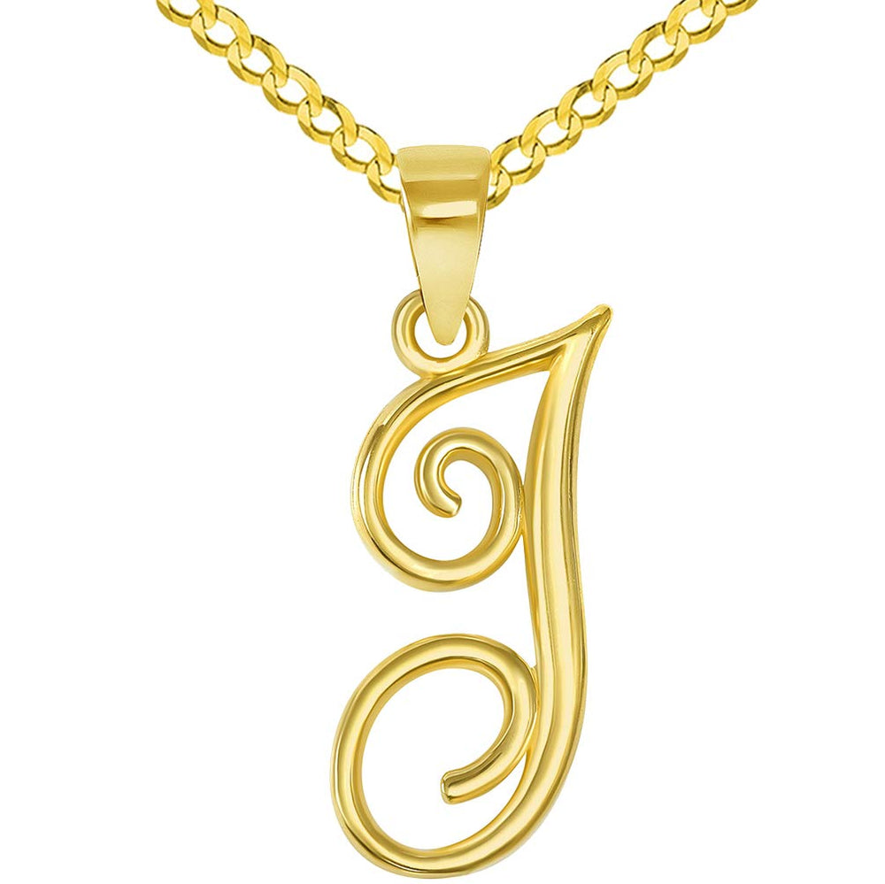 14k Yellow Gold Elegant Script Letter J Cursive Initial Pendant with Concave Cuban Link Curb Chain Necklace
