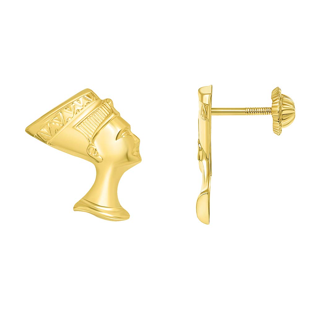 14k Yellow Gold Head of Egyptian Queen Nefertiti Studs Earrings with Closed Safety Screw Back