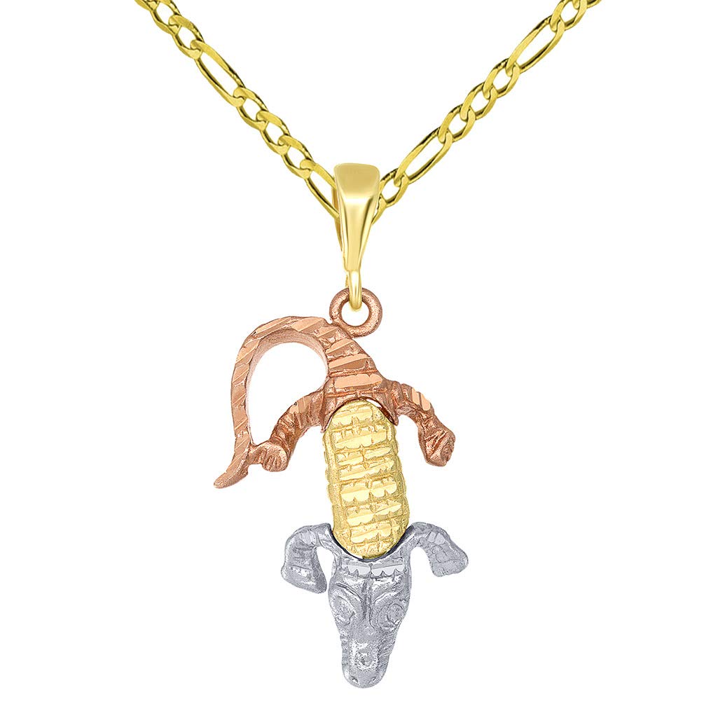 Solid 14K Gold Textured Crocodile Charm Animal Pendant Figaro Necklace - Tri-Color Gold