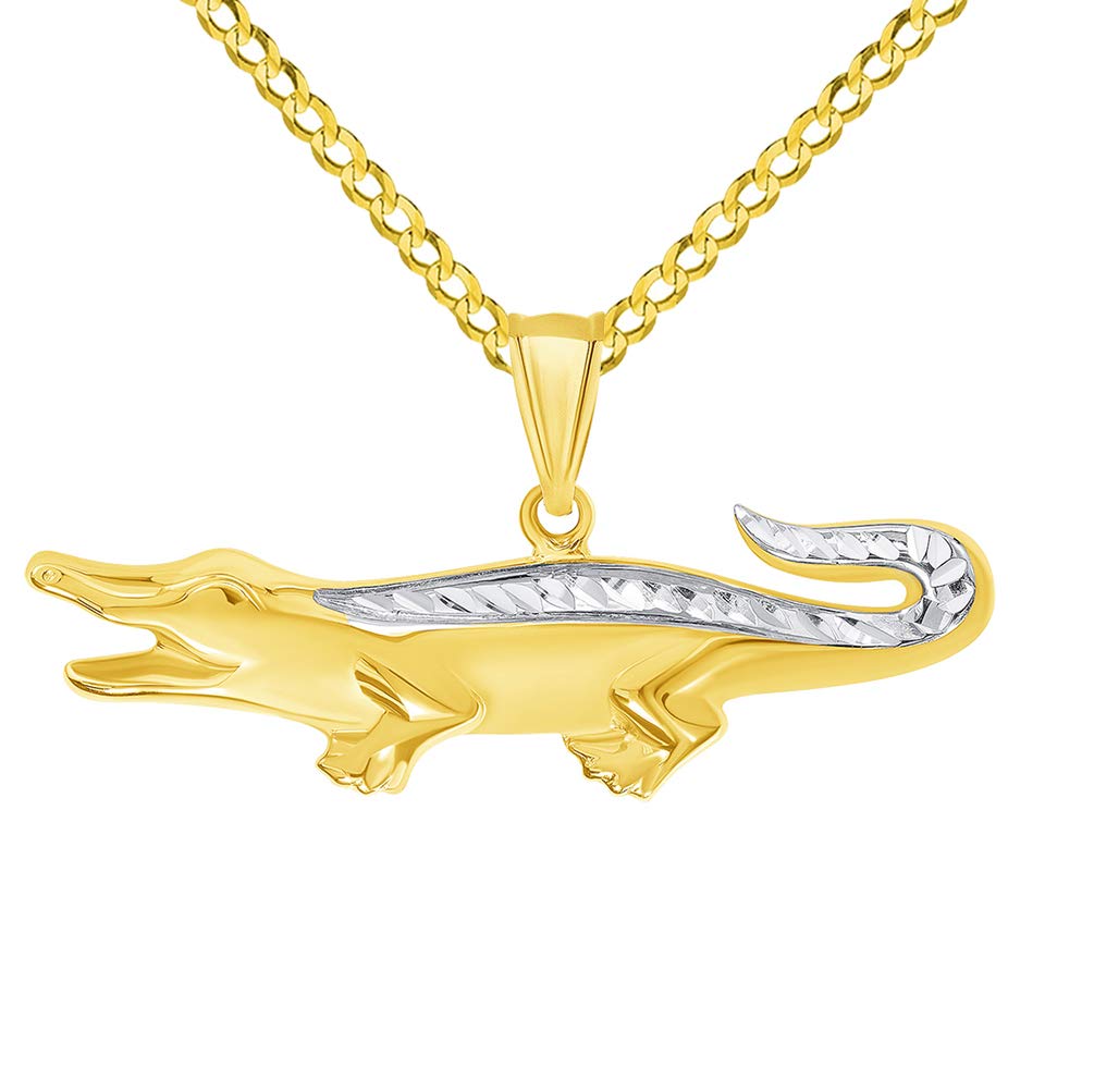 14k Yellow Gold Textured Two Tone Alligator Reptile Animal Pendant with Cuban Curb Chain Necklace