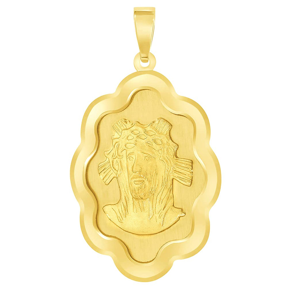 14k Yellow Gold Holy Face of Jesus Christ On Elegant Miraculous Medal Pendant (1")