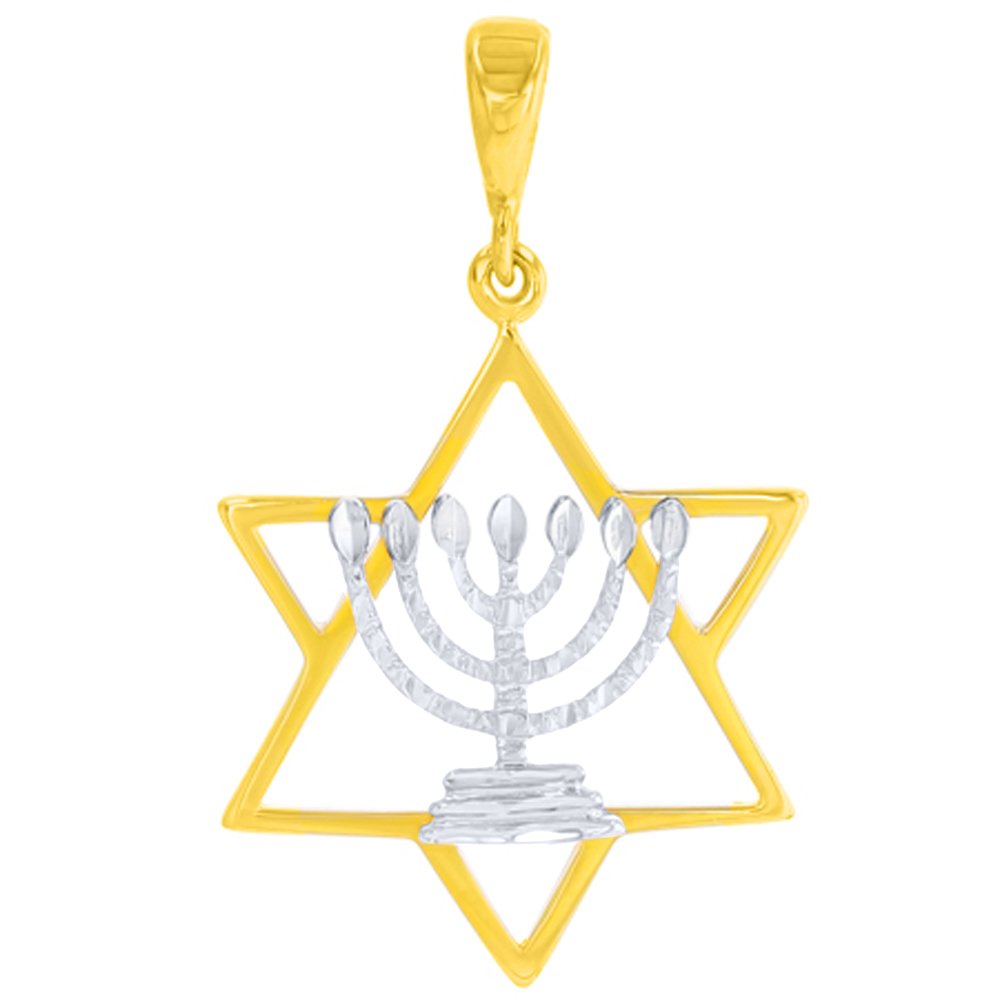 14K Yellow Gold & White Gold Jewish Star of David with Menorah Charm Pendant