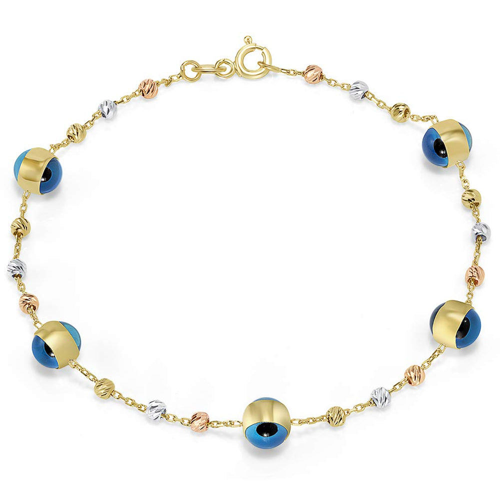 14k Tri-Color Gold Textured Bead Blue Evil Eye Thin and Dainty Chain Bracelet, 7"