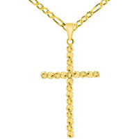 Load image into Gallery viewer, 14k Yellow Gold Beaded Moon-Cut Religious Cross Pendant with Figaro Chain Necklace
