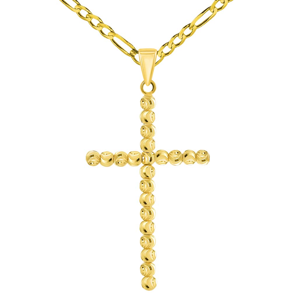 14k Yellow Gold Beaded Moon-Cut Religious Cross Pendant with Figaro Chain Necklace