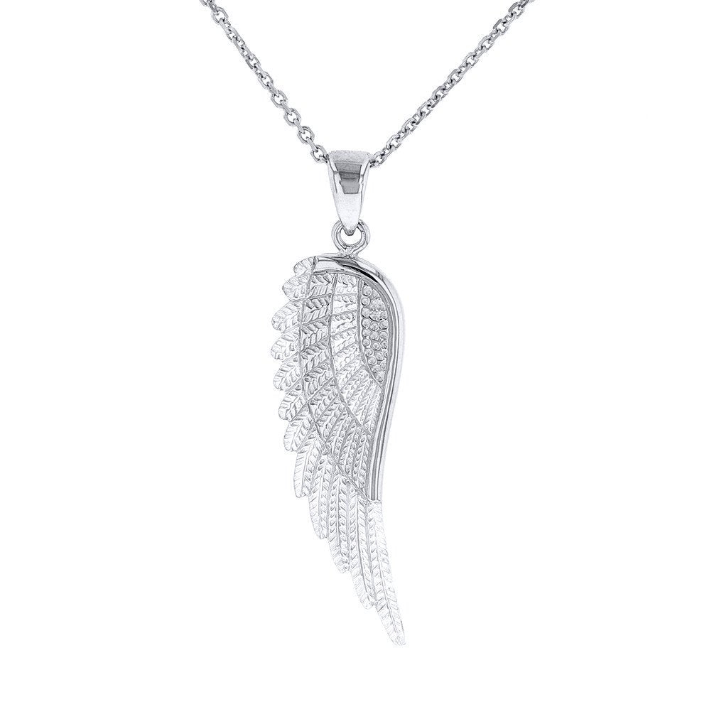 Solid 14k White Gold Textured Angel Wing Charm Pendant Necklace