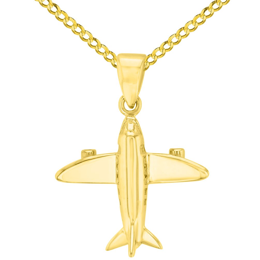 Solid 14K Yellow Gold 3D Airplane Charm Jet Aircraft Pendant with Cuban Chain Necklace - Yellow Gold