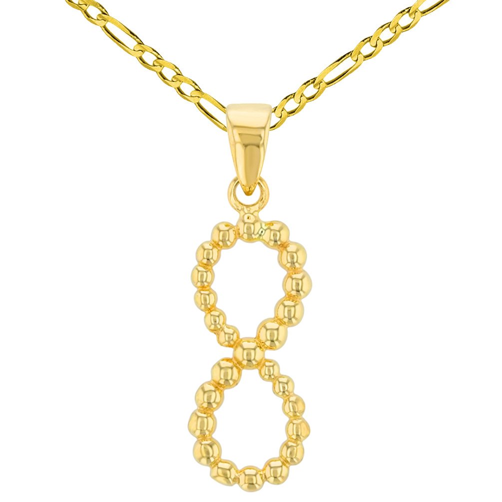 14K Gold Beaded Vertical Infinity Pendant with Figaro Chain Necklace - Yellow Gold