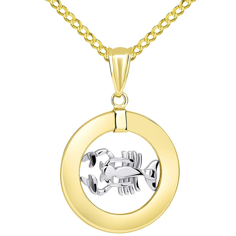 14k Gold Open Circle Cancer Zodiac Sign Pendant Cuban Necklace - Two-Tone Gold
