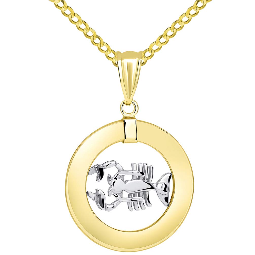 14k Gold Open Circle Cancer Zodiac Sign Pendant Cuban Necklace - Two-Tone Gold