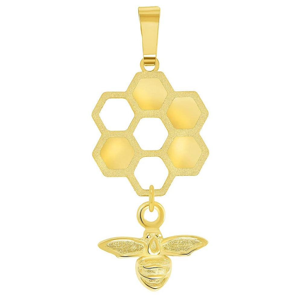 14k Yellow Gold Honey Bee Dangling From Honeycomb Pendant