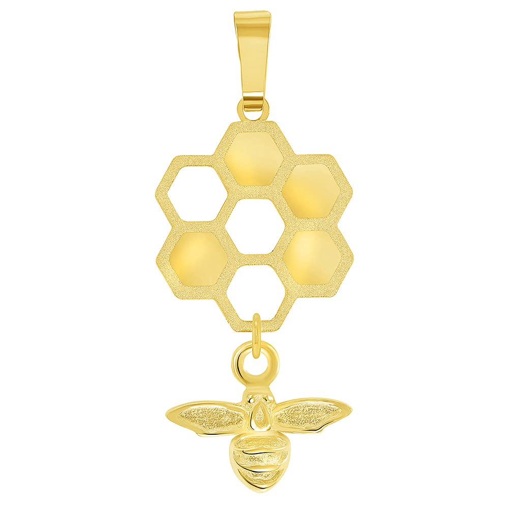 14k Yellow Gold Honey Bee Dangling From Honeycomb Pendant