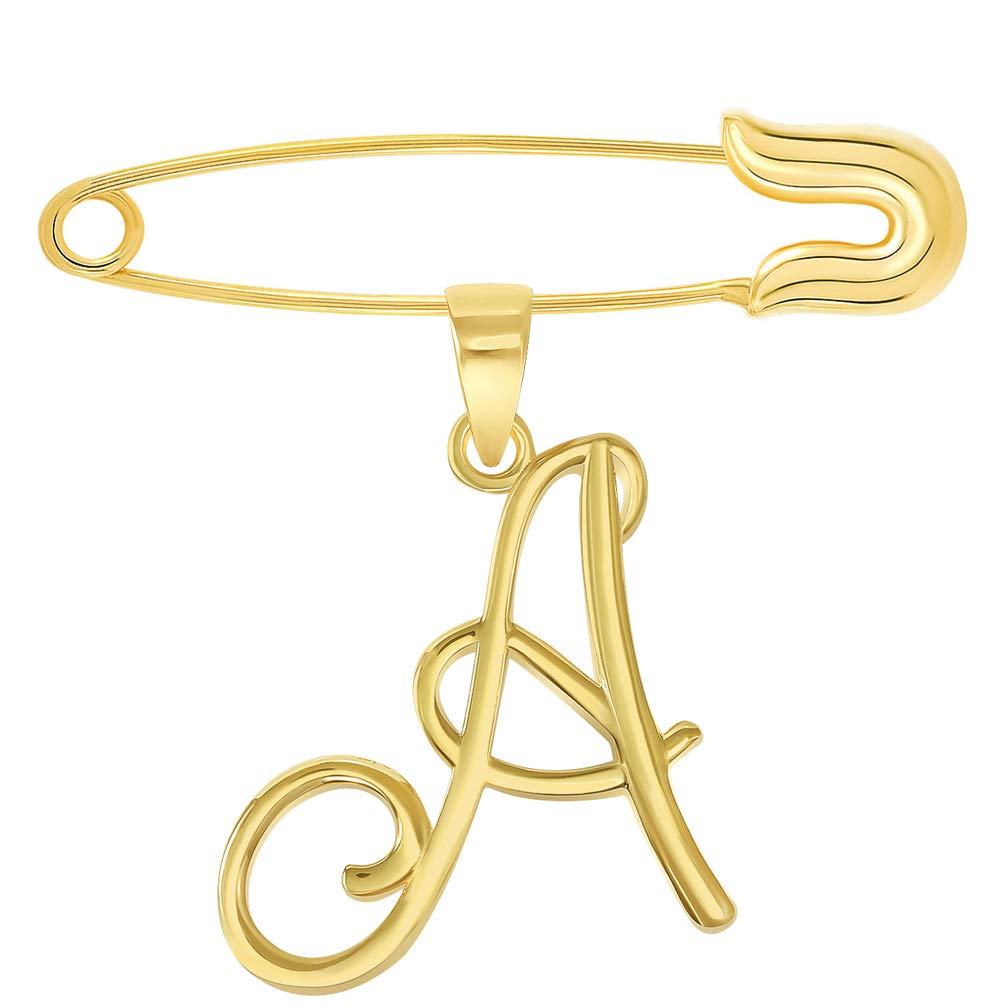 14k Yellow Gold Elegant Script Letter A Cursive Initial Charm with Safety Pin Brooch