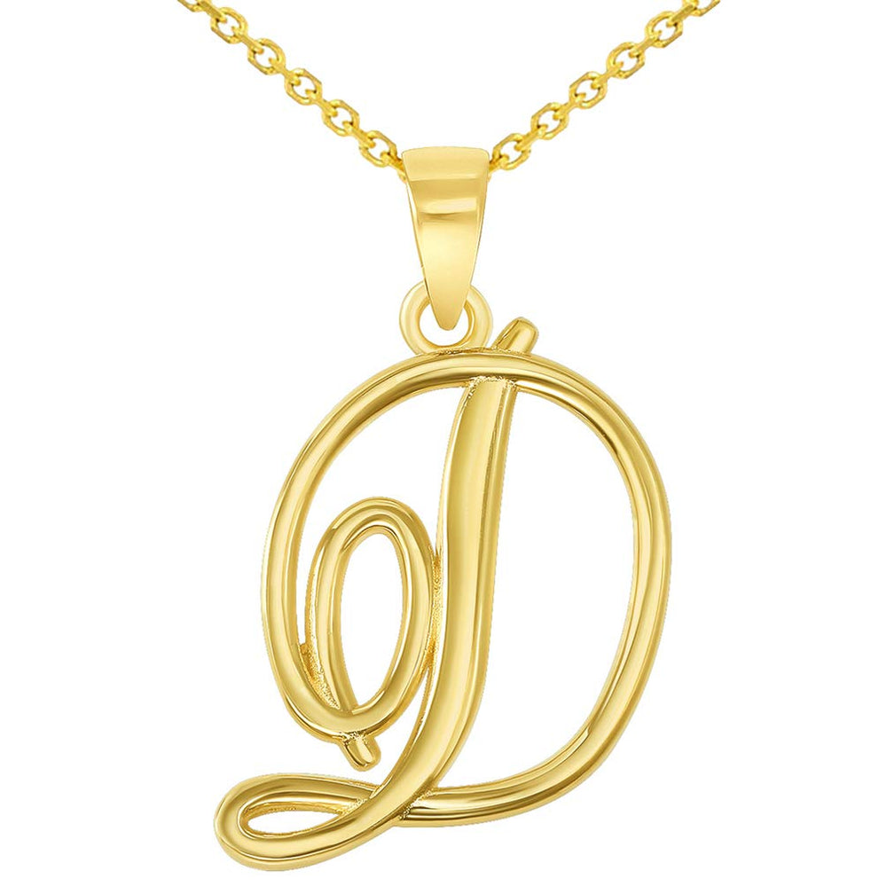 14k Yellow Gold Elegant Script Letter D Cursive Initial Pendant Necklace