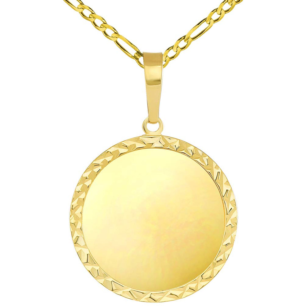 14k Yellow Gold Engravable Personalized Textured Plain Circle Disc Charm Pendant with Figaro Chain Necklace