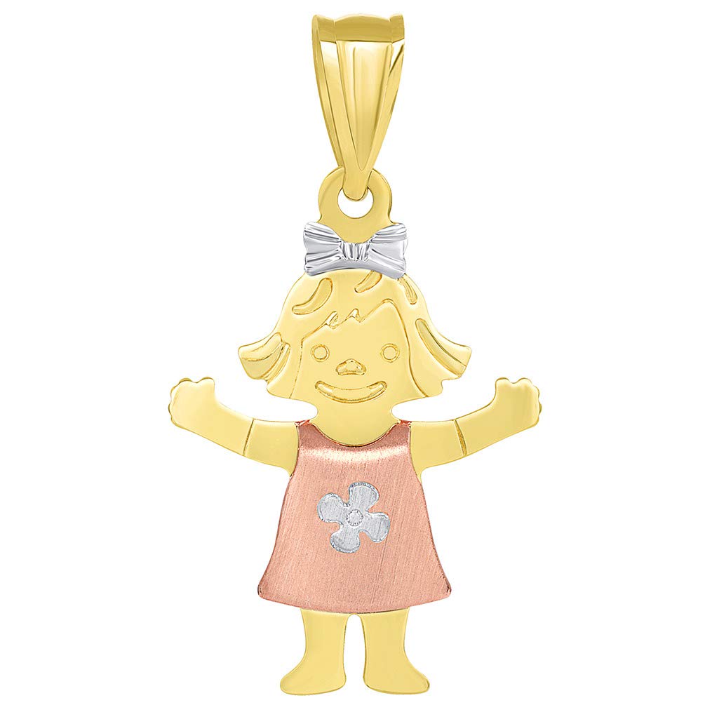 Solid 14k Tri Color Gold Smiling Little Girl Figure Charm Pendant
