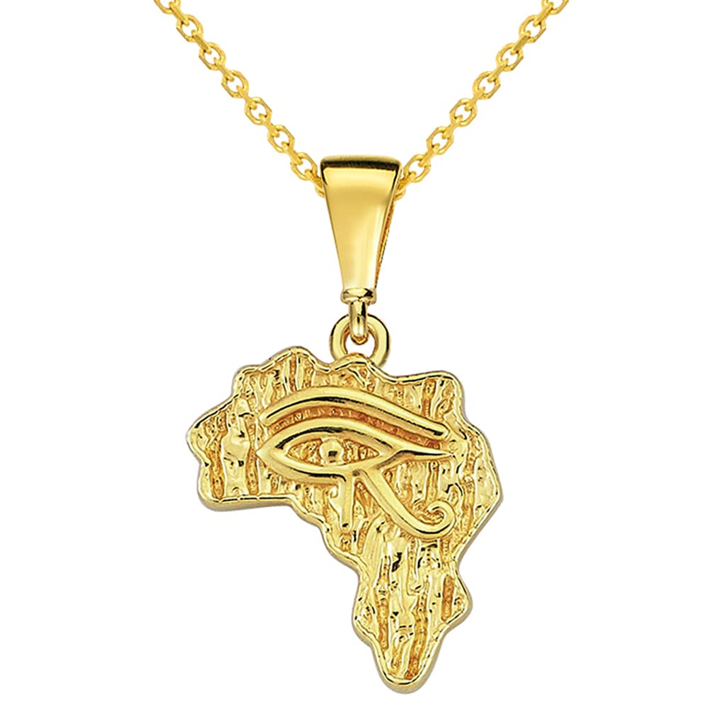 Solid 14k Yellow Gold Mini Eye of Horus Africa Map Pendant Necklace