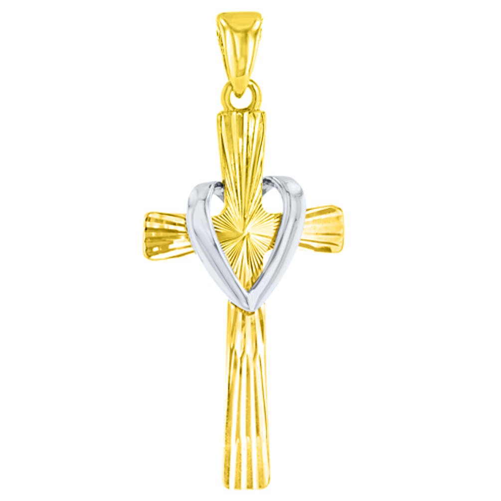 14K Two Tone Gold Cross with Heart Pendant
