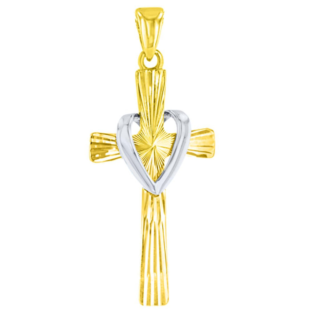 14K Gold Textured Cross with Heart Charm Pendant with High Polish - Two-Tone Gold