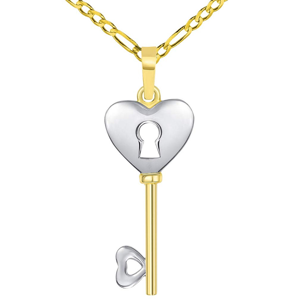 14k Yellow Gold 3D Two Tone Heart Shaped Love Key Pendant with Figaro Necklace