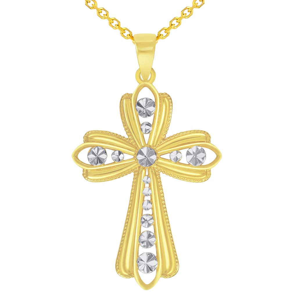 14k Yellow Gold Dazzling Two-Tone Religious Cross Pendant Necklace